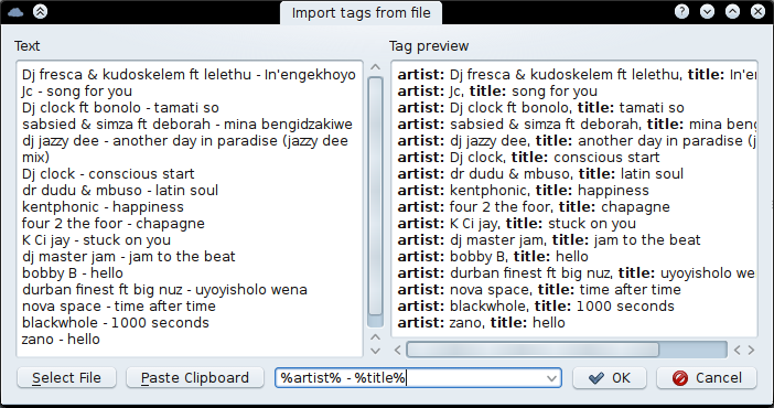 Using the Import File dialog to import a text file and convert it to tags.